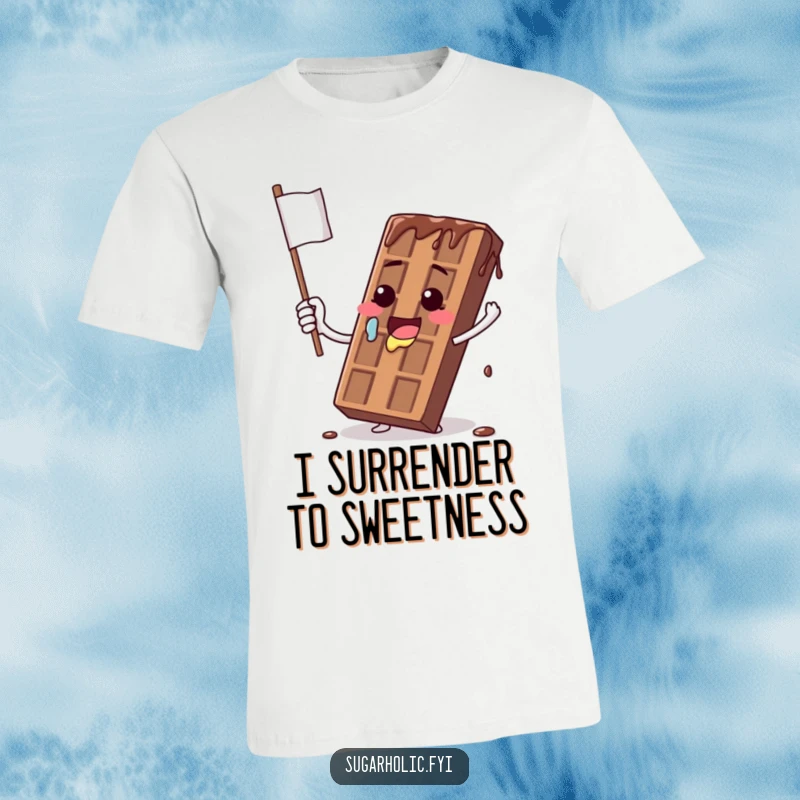 Funny t-shirt depicting a melting chocolate bar character comically waving a dripping flag, showing a humorous defeat.