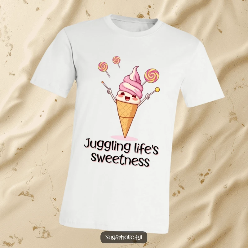 A giggling ice cream cone comically juggling three flying lollipops with its cone, printed on a fun t-shirt.