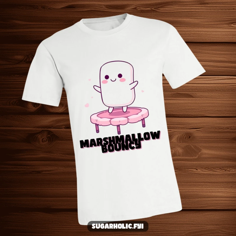 Funny t-shirt showcasing a smiling marshmallow character joyfully bouncing on a candy floss trampoline, embodying sweet, carefree fun.