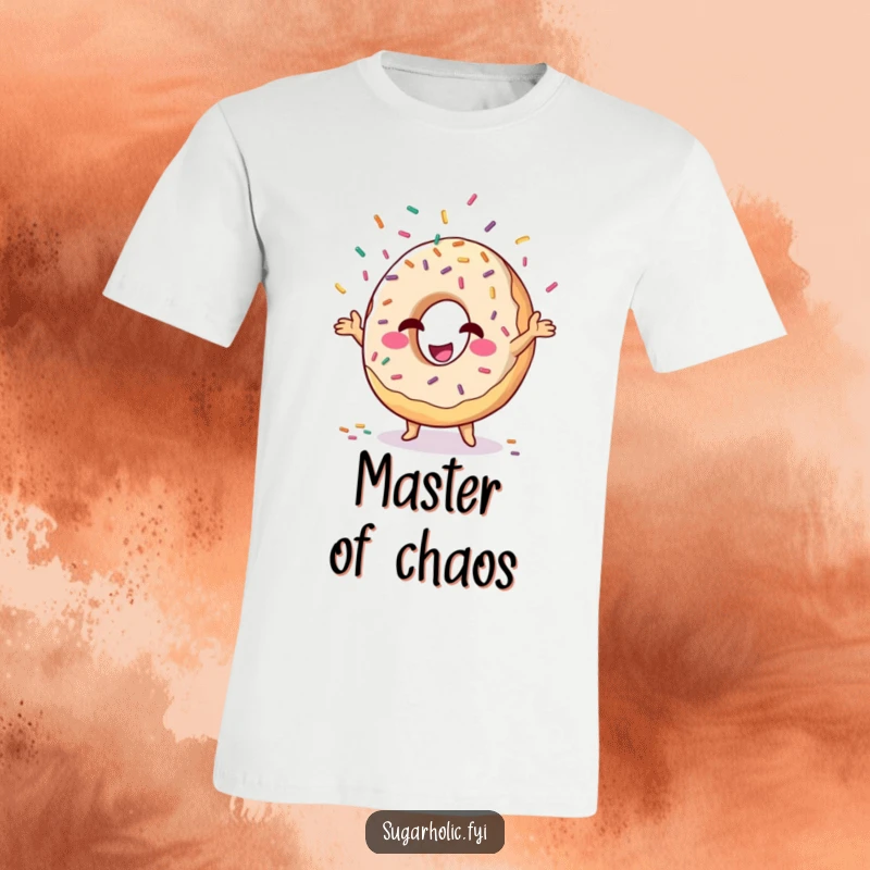 Funny donut character winking while juggling sprinkles, graphic tee for playful and humorous apparel.