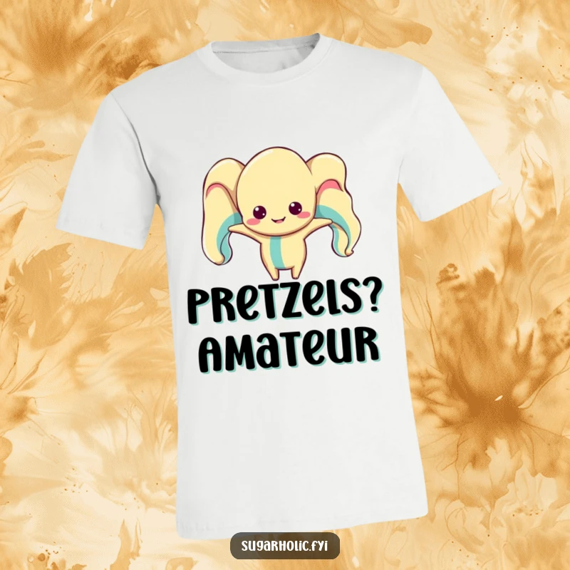 Funny taffy character t-shirt, contorted into a hilarious, stretched-out pose, embodying playful silliness and stretchy humor.