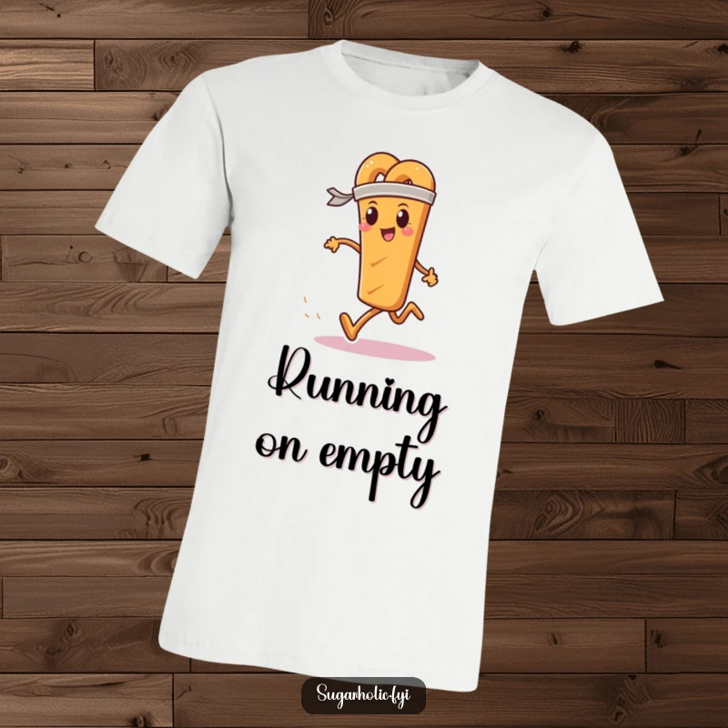 Funny t-shirt depicting a determined pretzel stick in a sweatband, running a race with focused energy.