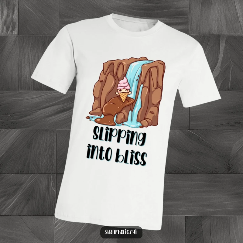 Funny ice cream cone t-shirt showing a giddy character sliding down a chocolate waterfall, hilarious apparel for sweet adventures and fun-loving folks.