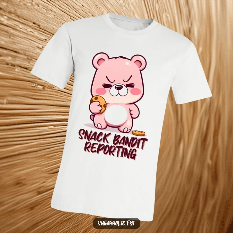 Funny t-shirt showcasing a sly gummy bear with a mischievous grin, caught in the act of stealing a tempting cookie.