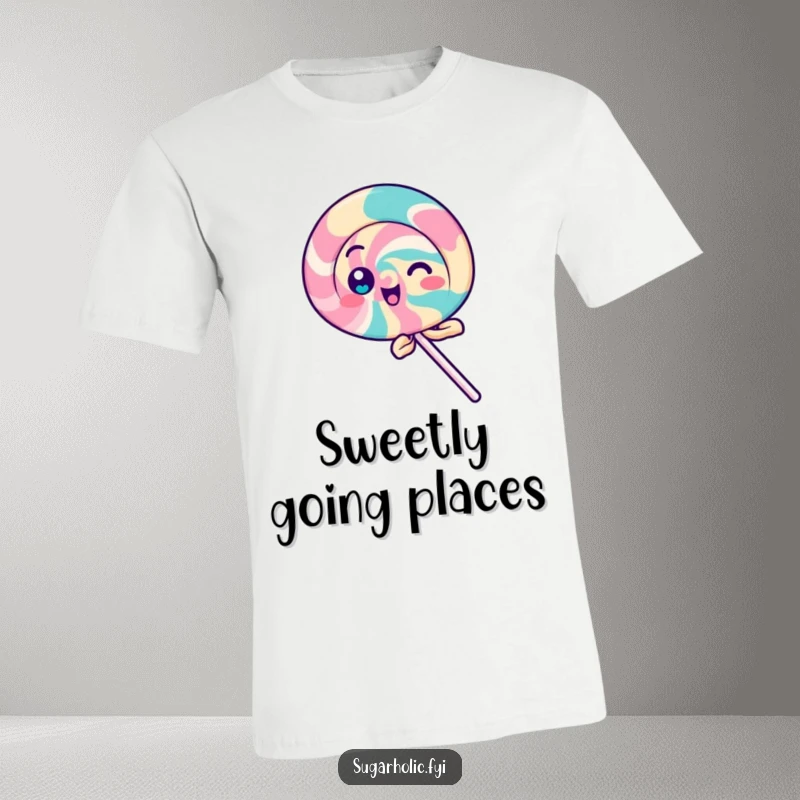 Funny Lollipop T-Shirt depicting a playful lollipop character spinning with delight, a vibrant and funny gift.