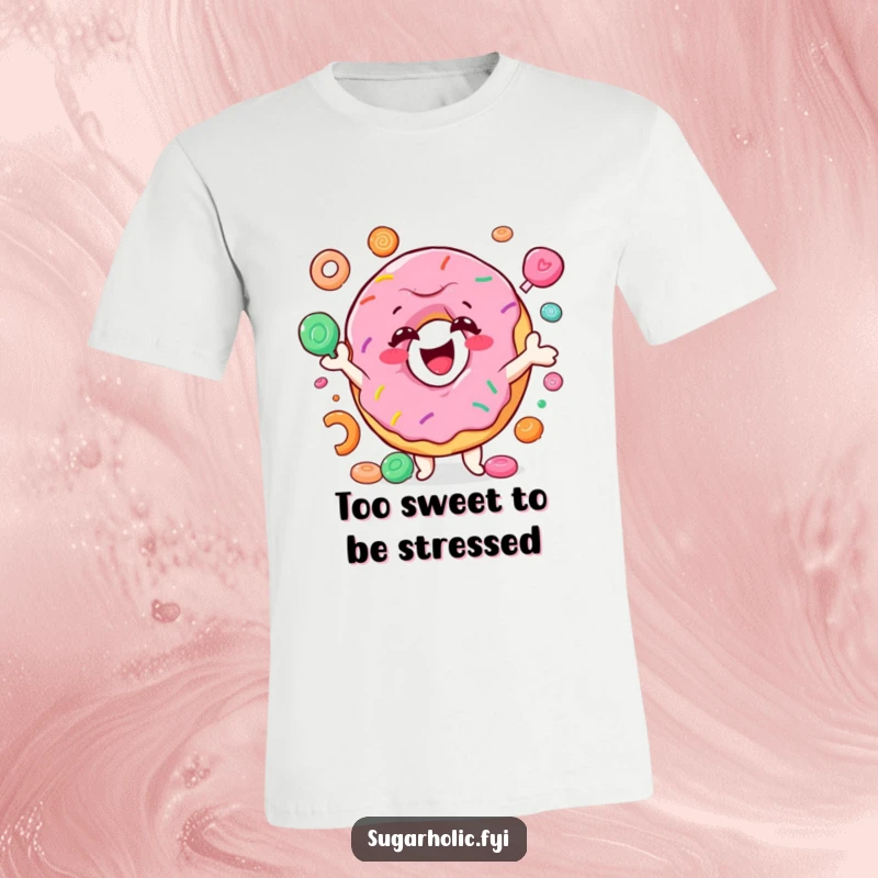 Funny donut t-shirt showing a smiling character joyfully juggling colorful candy, hilarious apparel for a sweet and playful personality.