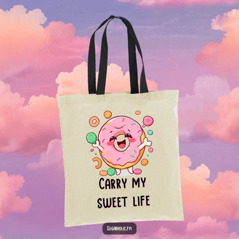 Funny donut tote bag with a smiling character joyfully juggling colorful candy, stylish and hilarious accessory for grocery shopping or daily use.
