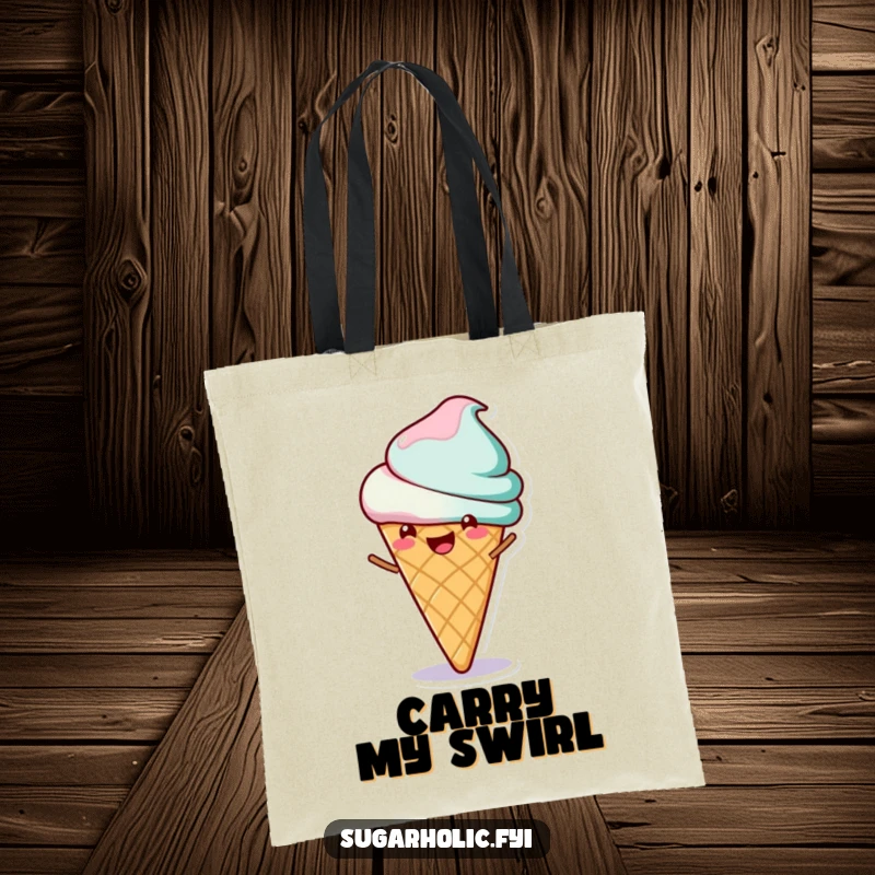 Funny tote bag illustrating a cheerful ice cream cone character happily spinning, perfect for carrying items with a touch of sweetness.