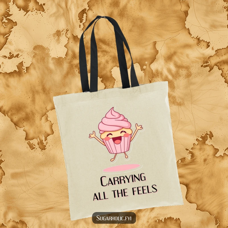 Funny cupcake character bouncing with delight, a humorous and practical tote bag, perfect for carrying treasures.