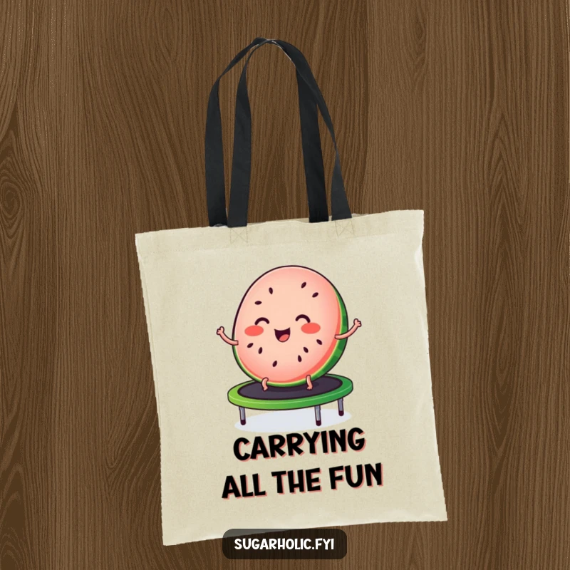 Funny tote bag showcasing a joyful slice of watermelon with seed freckles, bouncing on a trampoline for cheerful carrying.