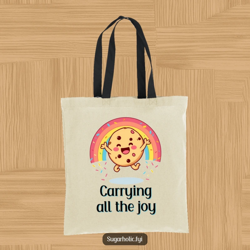 Funny cookie tote bag with a happy character leaping through a rainbow of sprinkles, perfect for carrying essentials with hilarious, sweet style.