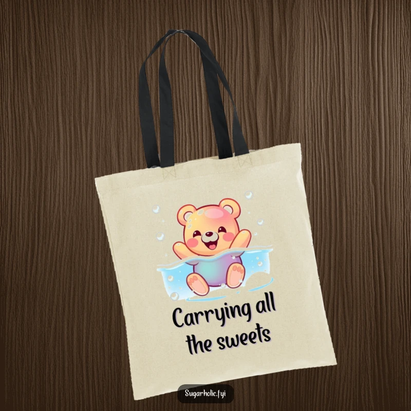 Funny tote bag featuring a pleased gummy bear character swimming in a fizzy soda pool, perfect for carrying humorous essentials.