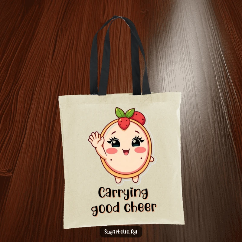 Funny tote bag featuring a blushing fruit tart with eyelashes waving enthusiastically, perfect for stylish, cheerful carrying.