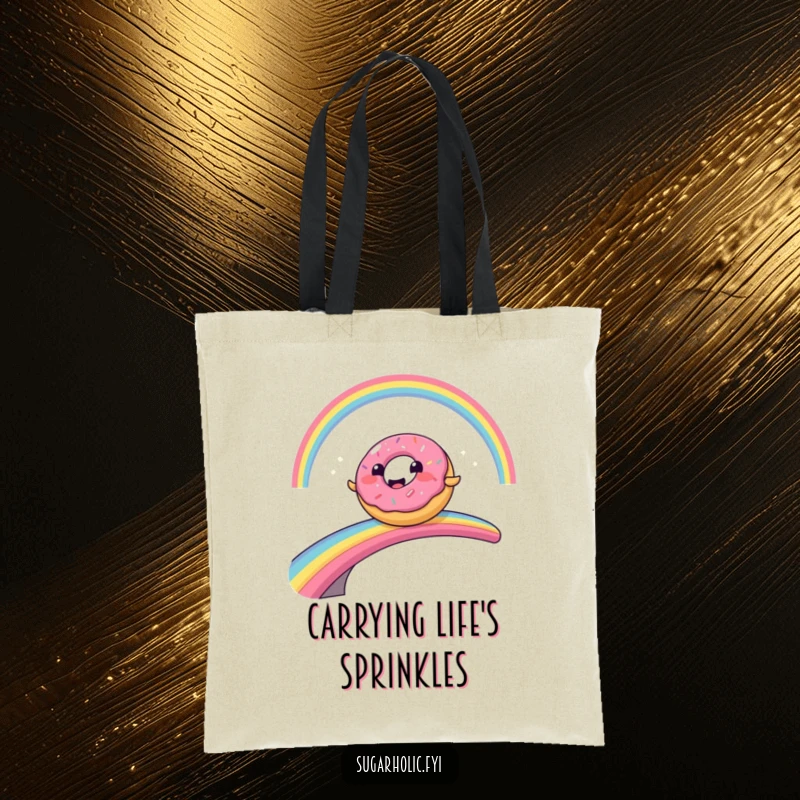 Funny smiling donut character comically sliding on a vibrant rainbow bridge, a durable and humorous tote bag.