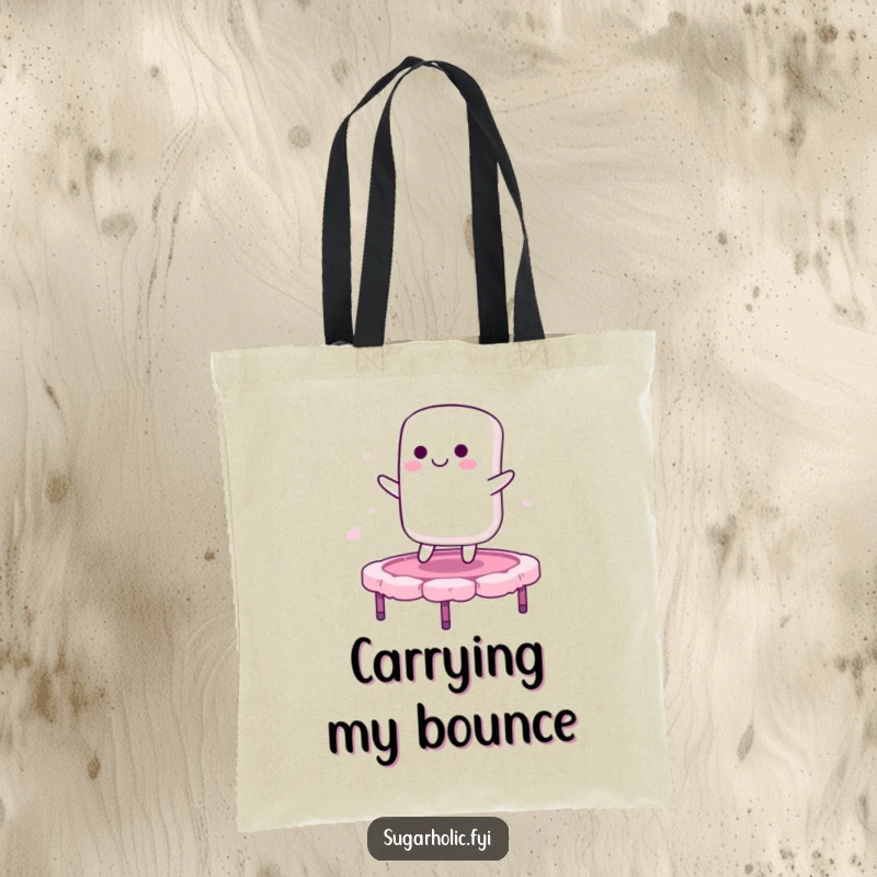 Funny tote bag featuring a smiling marshmallow character bouncing on a candy floss trampoline, perfect for carrying essentials with sweet humor.