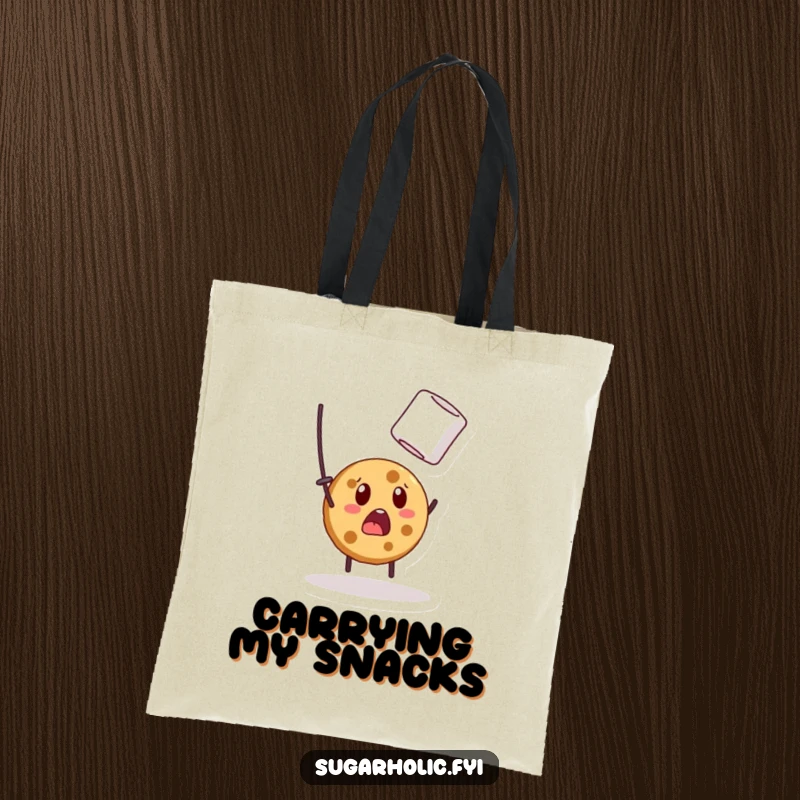 Funny tote bag featuring a surprised cookie character comically reaching for a marshmallow, ideal for carrying groceries with humor.