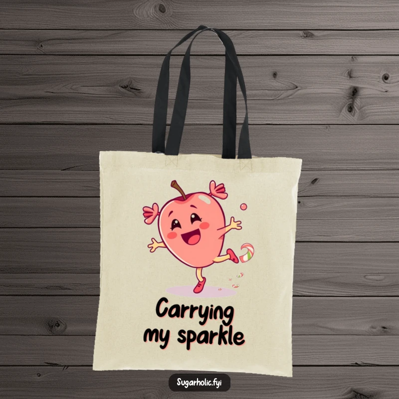 Funny tote bag featuring a thrilled candy apple character doing a cartwheel with a candy trail, ideal for carrying items with flair.