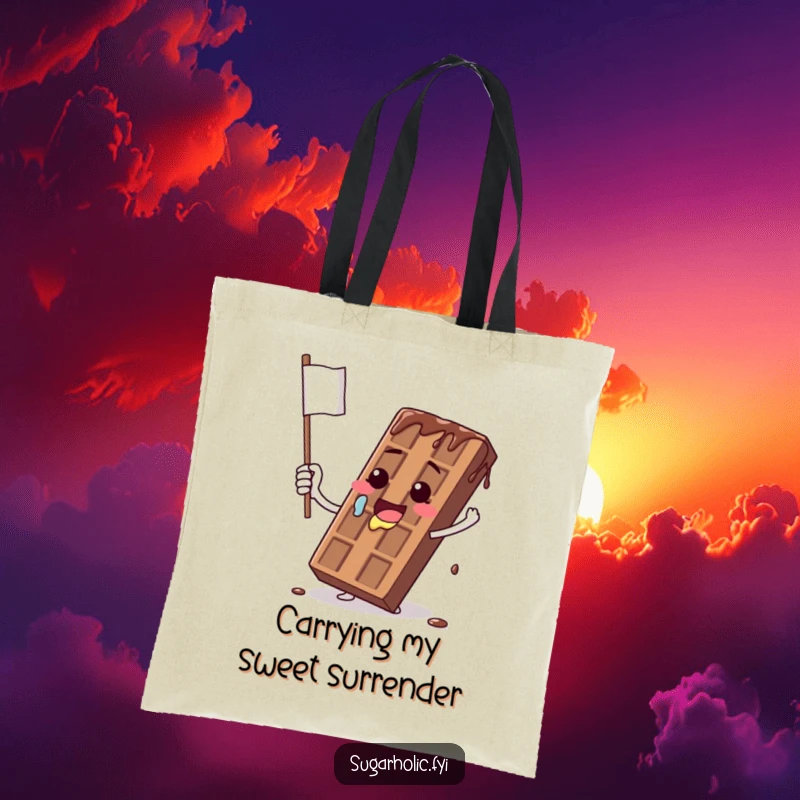 Funny tote bag featuring a melting chocolate bar character comically waving a dripping flag, illustrating a humorous and messy situation.