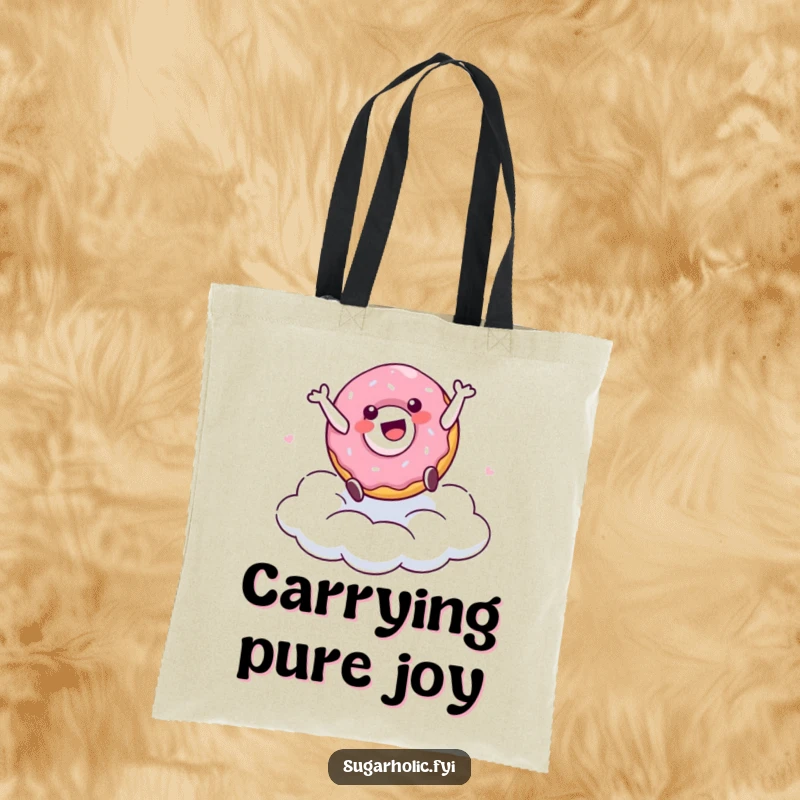 Funny tote bag illustrating a delighted doughnut character executing a cartwheel on a sweet, sugary cloud, embodying playful energy and delight.