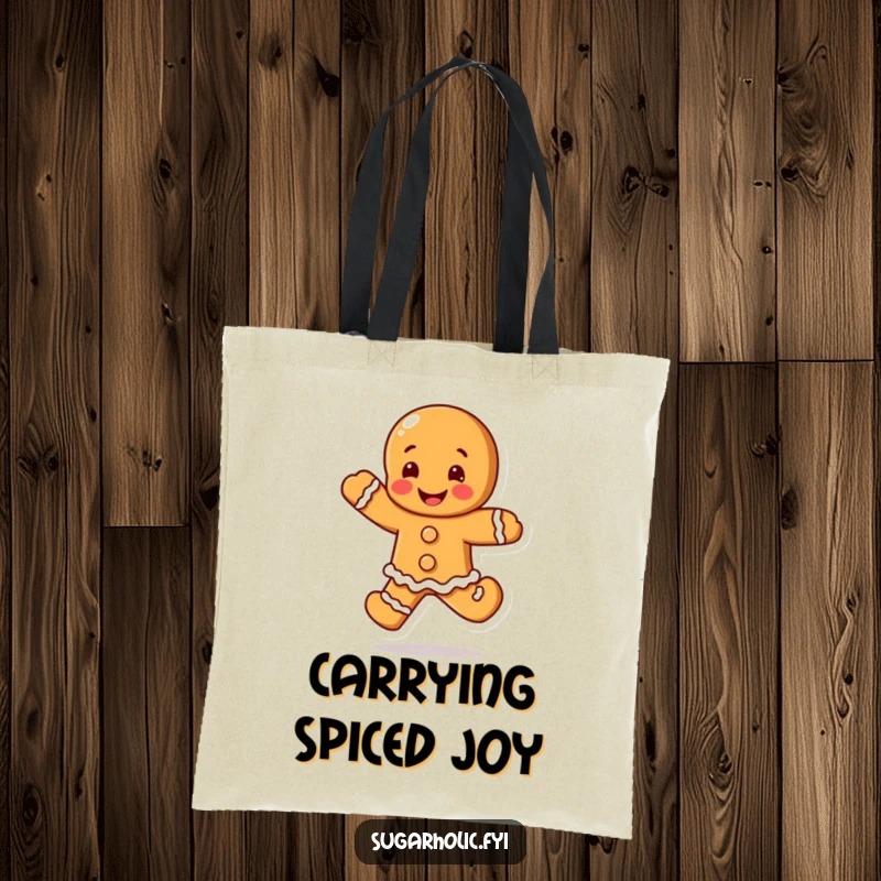 Funny Gingerbread Man Tote Bag featuring a blushing character doing a happy leap, a sweet and funny gift.