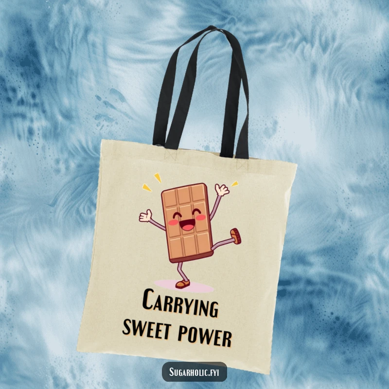 Funny tote bag featuring a thrilled anthropomorphic chocolate bar character doing a cartwheel, perfect for carrying energetic humor.