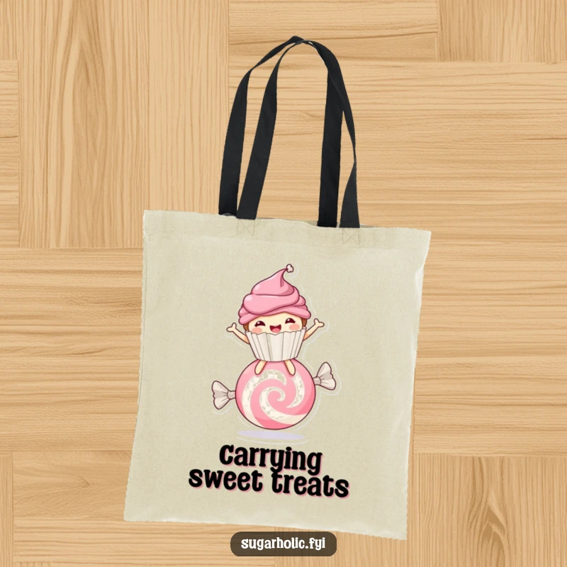 Funny cupcake character bouncing on a candy, reusable tote bag for shopping and carrying sweets.