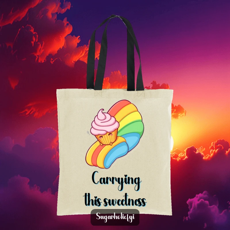 Funny Tote Bag illustrating a giggling cupcake character joyfully sliding down a vibrant rainbow crafted from sweet, colorful frosting.