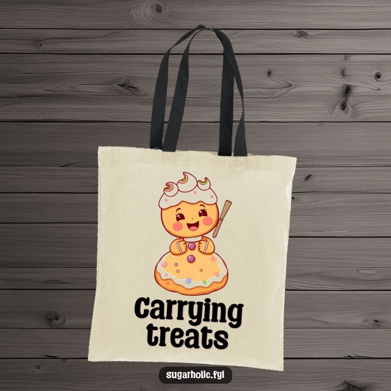 Funny gingerbread person character gleefully frosting a giant sugar cookie, a humorous and practical tote bag for bakers.