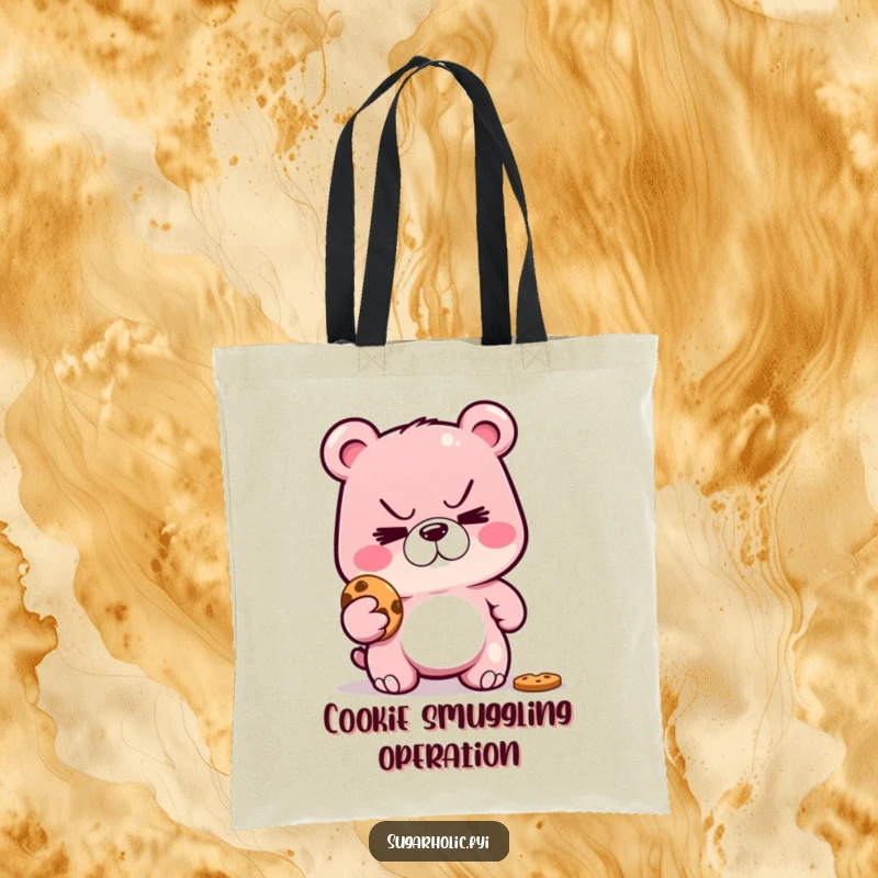 Funny tote bag depicting a sly gummy bear with a mischievous grin, caught mid-cookie-heist, ready to carry your goods.