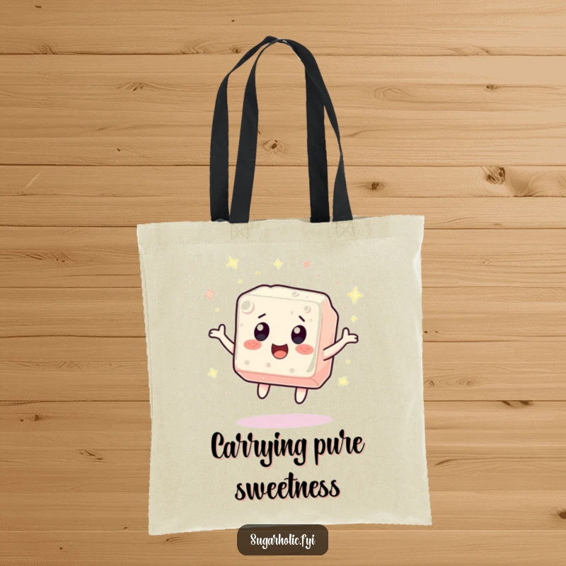 Funny sugar cube character bouncing with excitement, surrounded by sparkles, printed on a durable tote bag for stylish, humorous carrying.