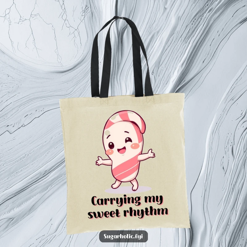 Funny Tote Bag showcasing a giggling candy cane character performing a silly dance with a happy, delighted expression.