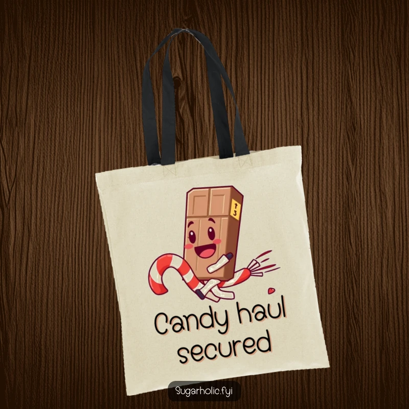 Funny chocolate bar character joyfully rides a speedy, runaway candy cane, a delightful and humorous design on this tote bag.