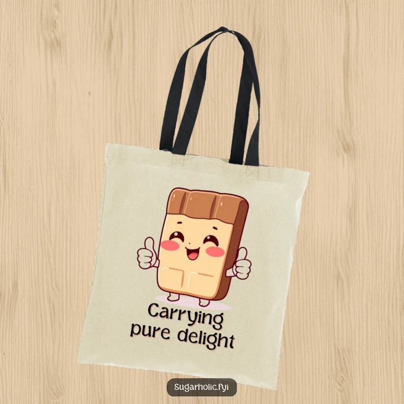 Funny Tote Bag: A durable tote featuring a blushing chocolate bar character giving two thumbs up, perfect for carrying essentials with style.