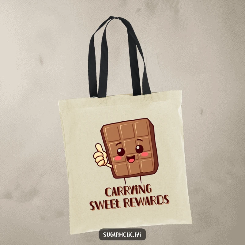 Funny Chocolate Bar Tote Bag with a delighted chocolate bar character giving a thumbs up, a sweet and funny gift.