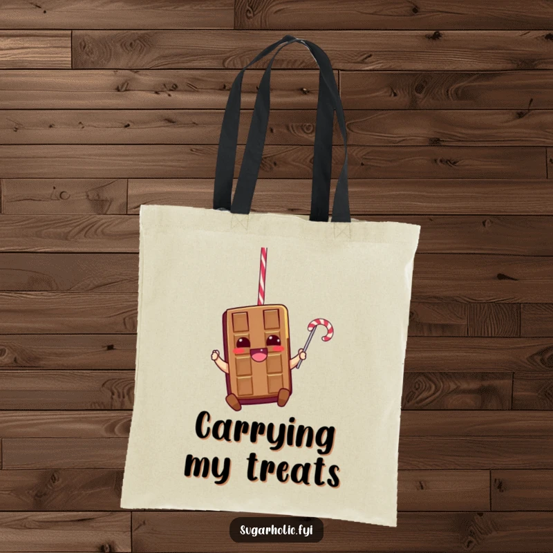 Funny tote bag illustrating a thrilled chocolate bar character swinging with abandon from a licorice rope, representing pure, uninhibited joy.