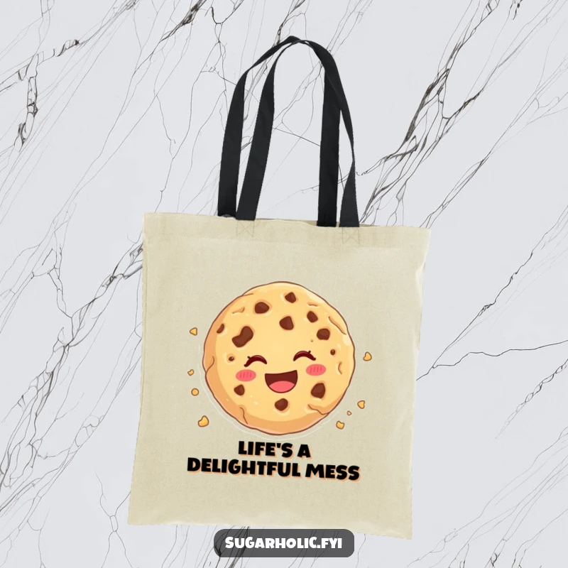 Funny cookie crumble tote bag, a cartoon cookie cheerfully disintegrating, a delightful and practical accessory for carrying essentials.