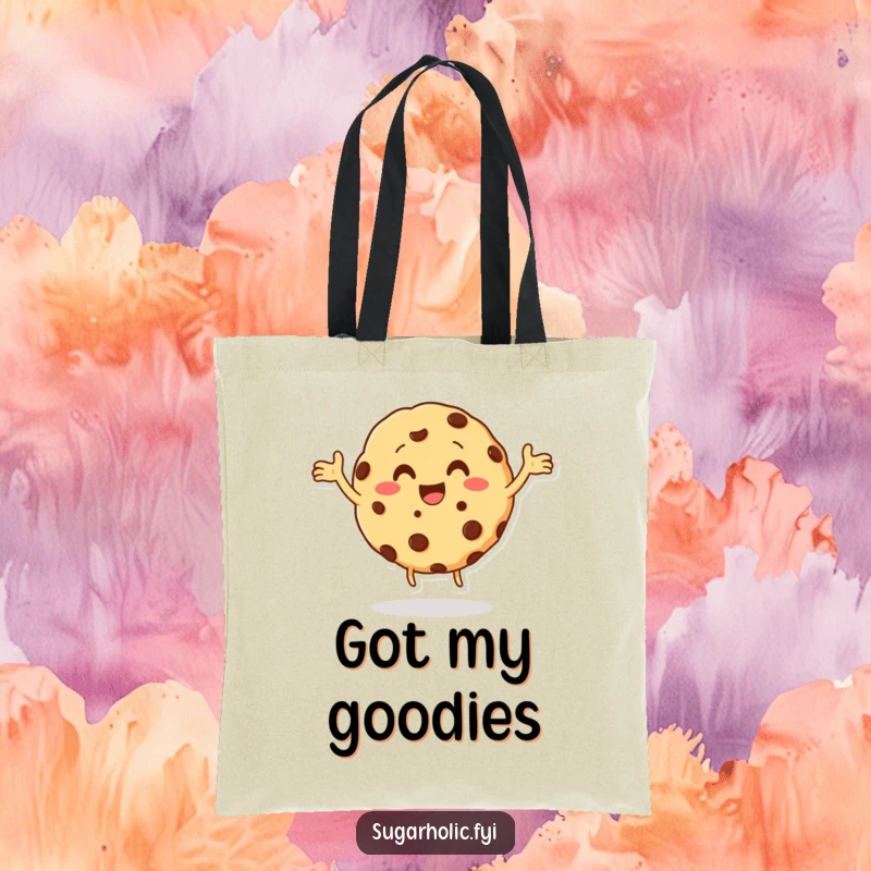 Funny cookie character with chocolate chips doing a happy dance on a tote bag, a practical and humorous accessory for carrying essentials, a funny gift.