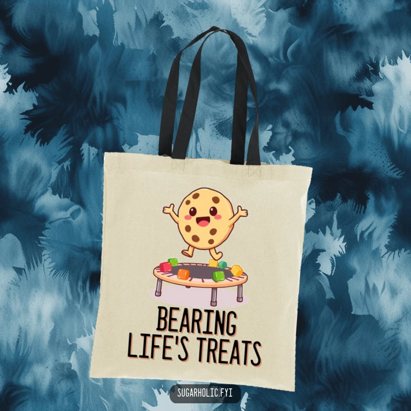 Funny Tote Bag illustrating a playful cookie character bouncing high on a colorful trampoline made of yielding gummy bears.