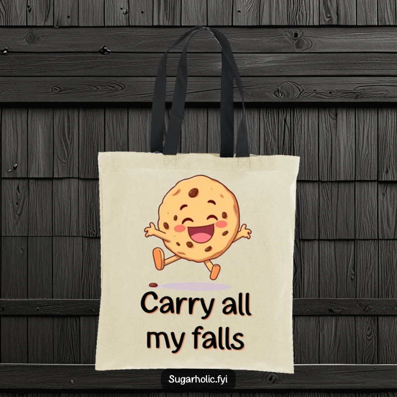 Funny cookie character tote bag, comically tripping but landing with a delighted grin, perfect for carrying essentials with a smile.
