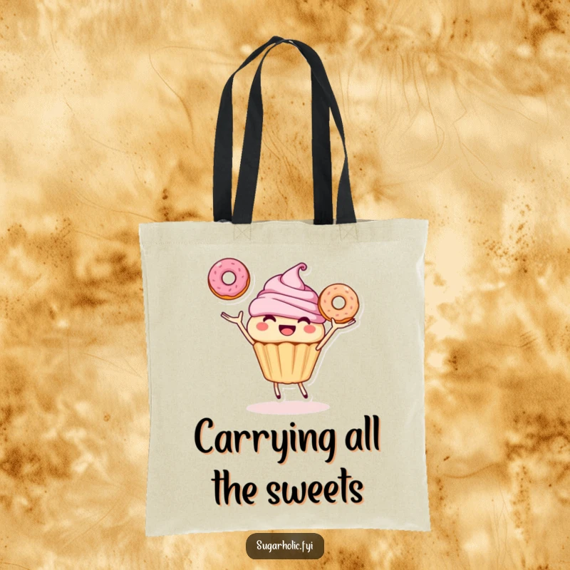 Funny tote bag with a smiling cupcake character joyfully juggling three donuts, ideal for shopping with a sweet, humorous twist.