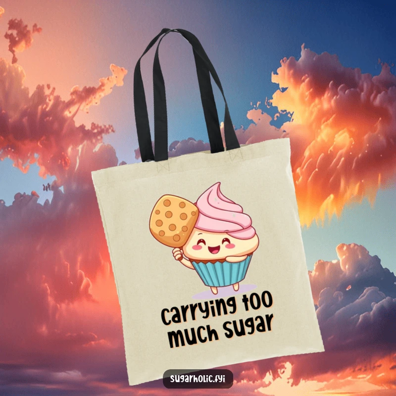 Funny cupcake character fanning with a wafer on a tote bag, illustrating a comical struggle against the heat.