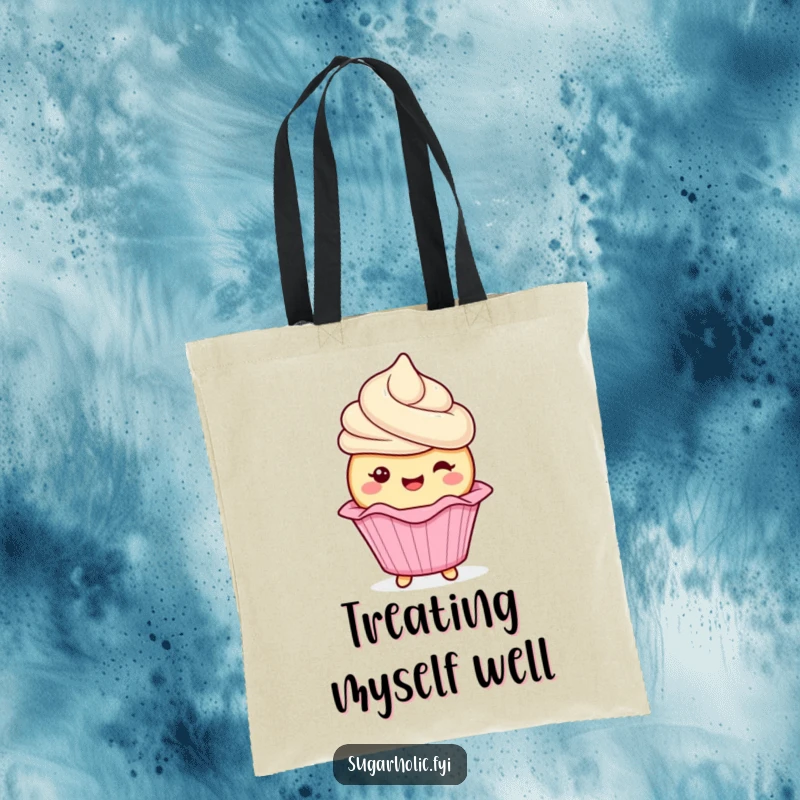 Funny cupcake character with frosting gleefully wiggling its wrapper on a tote bag, a charming and humorous accessory for everyday use, a funny gift.