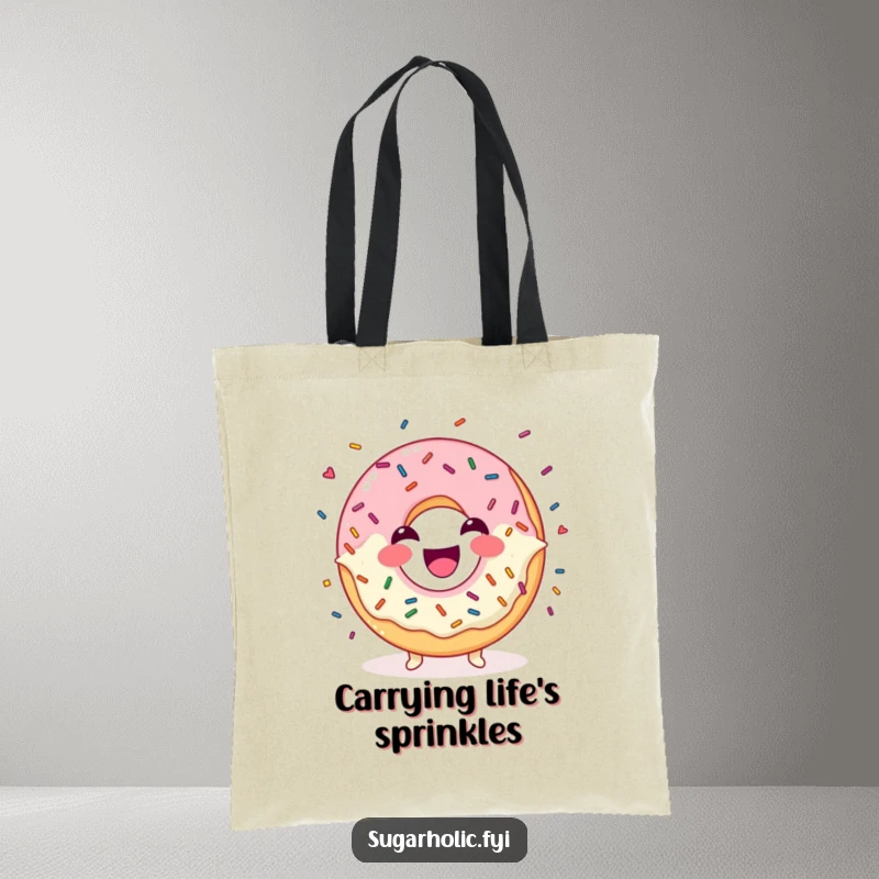 Funny Tote Bag showcasing a laughing donut character skillfully juggling colorful sprinkles with a happy, delighted expression.