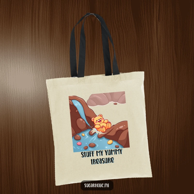 Funny Gummy Bear Tote Bag: A giggling character having a blast sliding down a chocolate river, great for daily use.