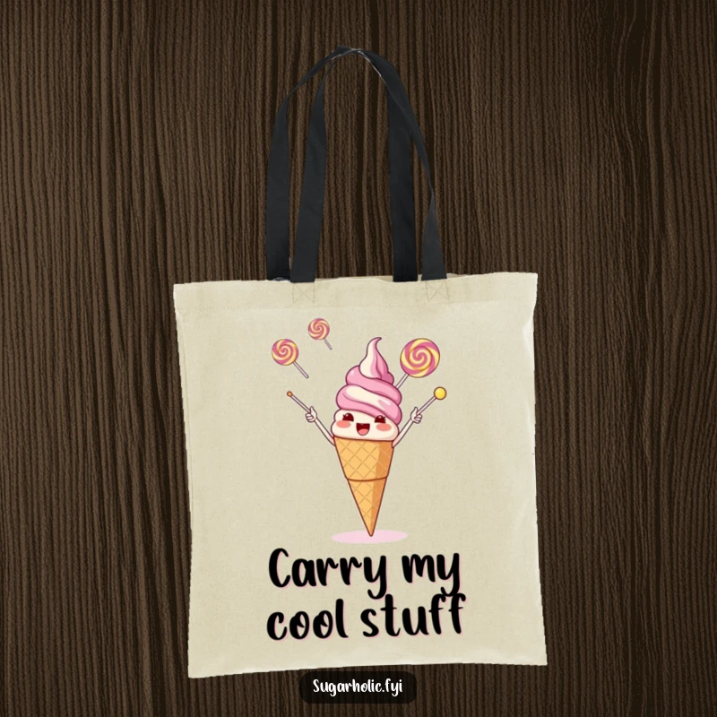 Funny giggling ice cream cone juggling three flying lollipops with its cone, a humorous tote bag.