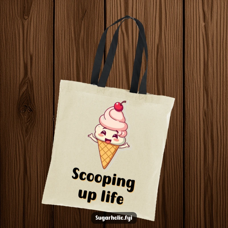 Funny ice cream cone character with a cherry on top giggling and spinning on a tote bag, a stylish and humorous accessory, a funny gift.