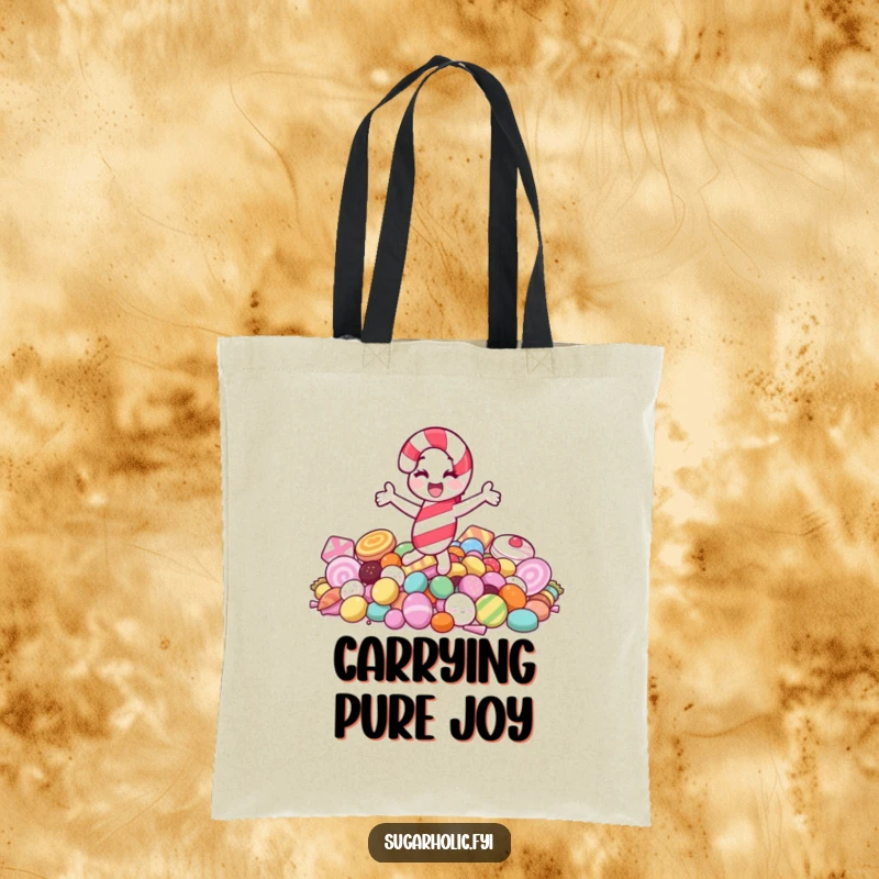 Funny tote bag featuring a happy candy cane character joyfully spinning on a pile of sweets, showcasing a festive and fun attitude.