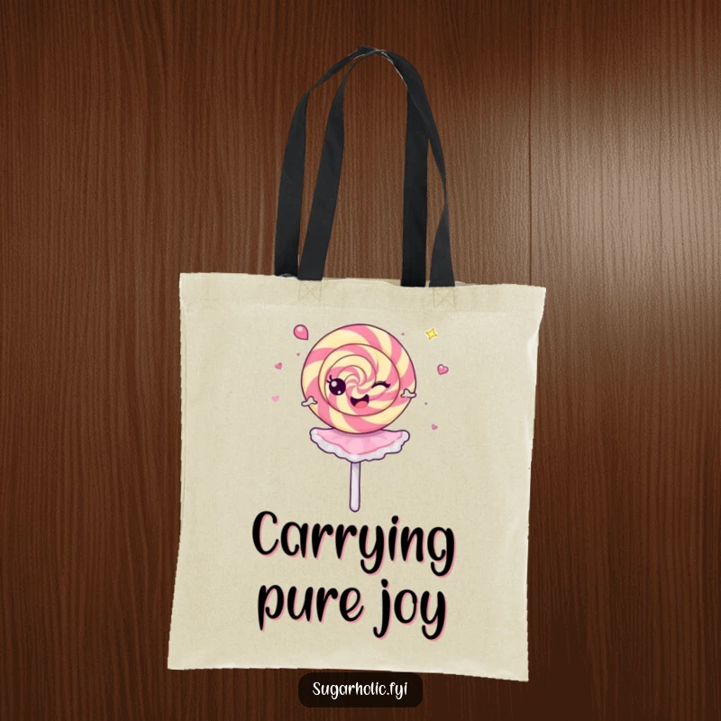 Funny Tote Bag with a cheerful lollipop doing a dizzy ballerina spin, perfect for carrying essentials with a smile.