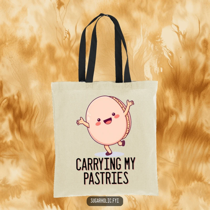 Funny Tote Bag: A durable tote featuring a cheerful macaron character performing a cartwheel with a wide smile, perfect for daily use.