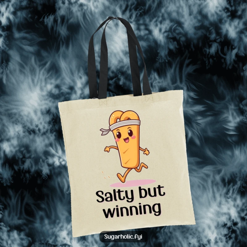 Funny tote bag showing a determined pretzel stick in a sweatband running a race, ideal for sporty, fun carrying.